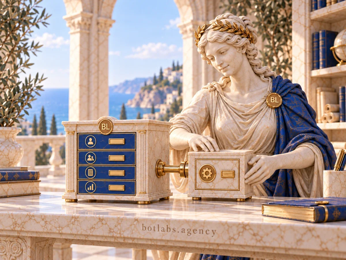 Mnemosyne connects a small module to an archive of customer records, an editorial metaphor for a hybrid CRM.