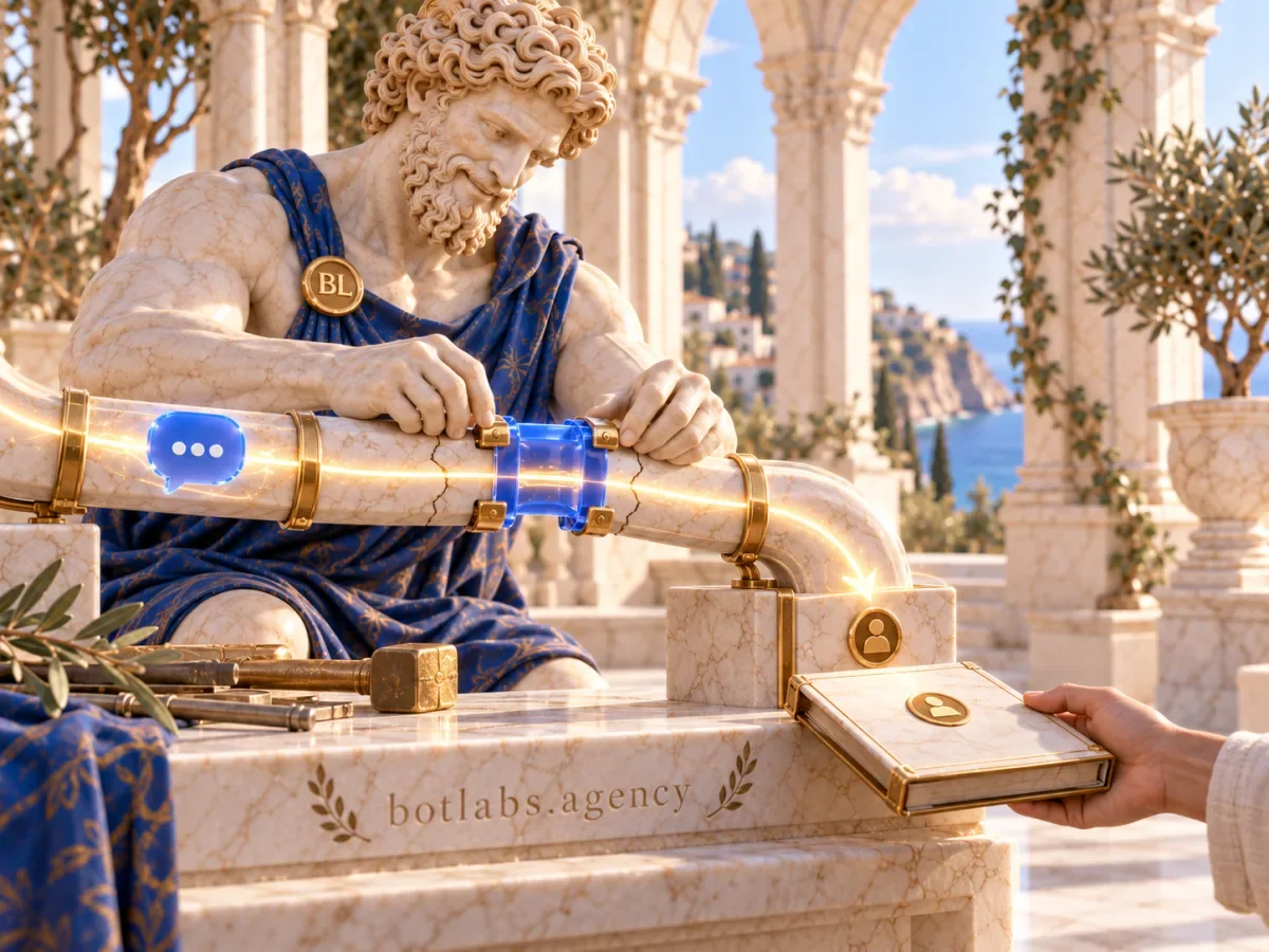A marble craftsman links an inquiry channel to a CRM ledger and passes the record to a person.