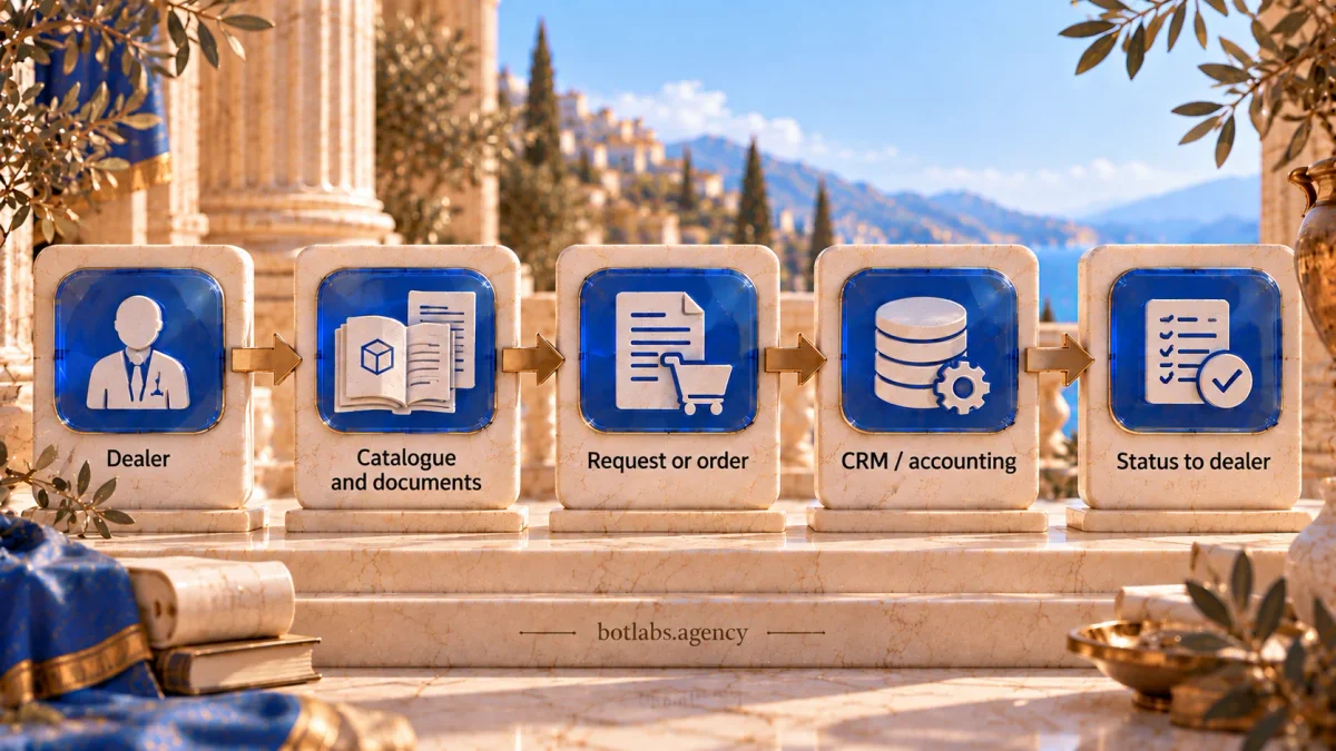 Five stages of a B2B request: dealer, catalogue and documents, order, CRM or accounting, dealer status