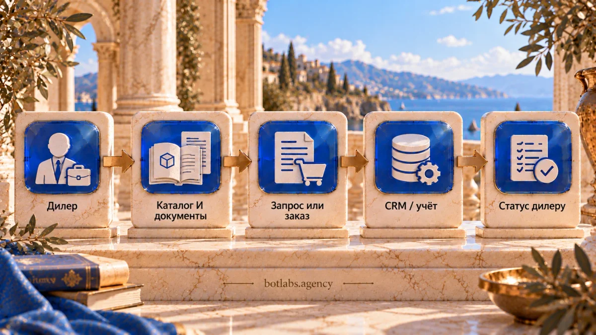 Пять этапов B2B-запроса: дилер, каталог и документы, заказ, CRM или учёт, статус дилеру