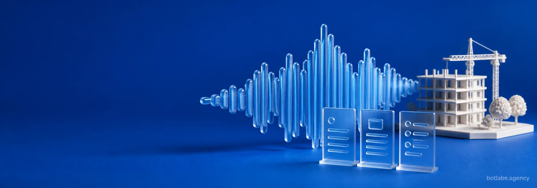 AI call analysis illustration: a sound wave, result cards and a building model on a blue background.