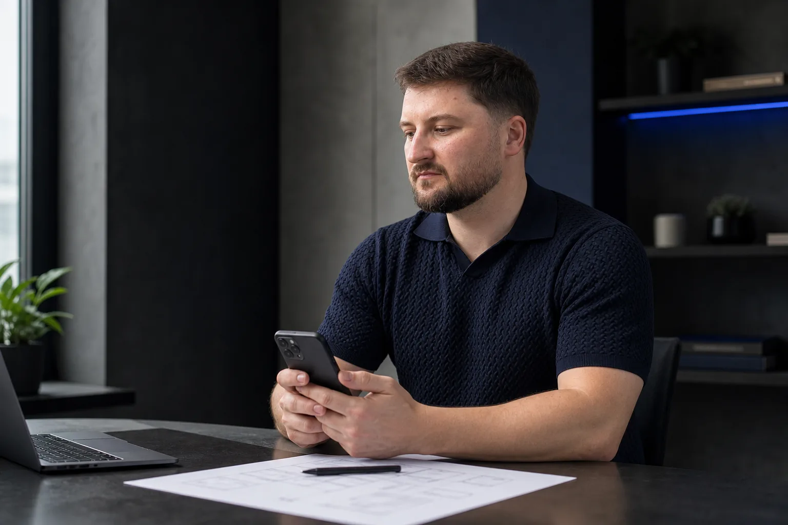 Іван Дейнека перевіряє прототип Telegram Mini App на смартфоні в продуктовій студії BotLabs