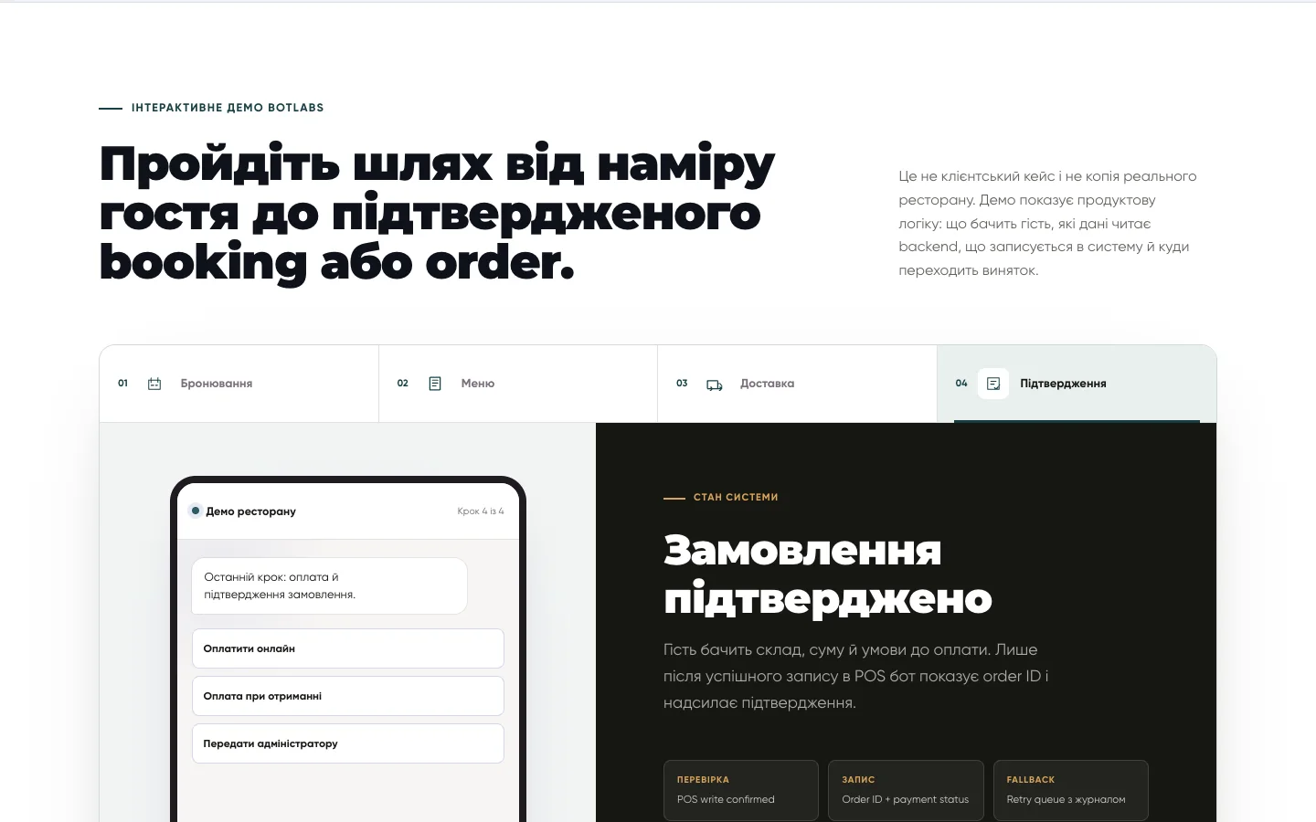 Демо BotLabs меню, кошика та підтвердження ресторанного замовлення